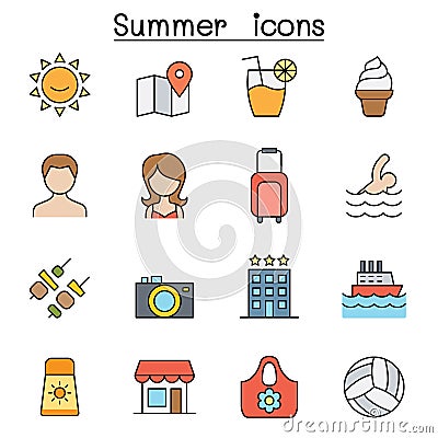Summer color line icon set Vector Illustration