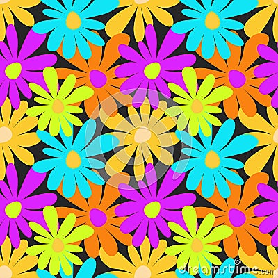 Summer colored flowers on a dark background seamless pattern Cartoon Illustration