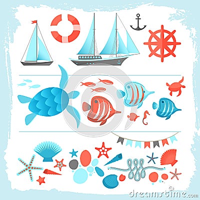 Summer Colored Icons Set Framed By Brush Vector Illustration