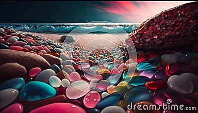 In summer, colored stones pebble by the sea, on the beach in a wide angle Cartoon Illustration