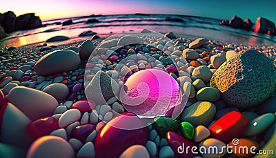 In summer, colored stones pebble by the sea, on the beach in a wide angle Cartoon Illustration