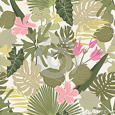 Summer colorful hawaiian seamless pattern with tropical plants and hibiscus flowers Vector Illustration