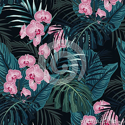 Summer colorful Hawaiian seamless pattern with tropical plants. Stock Photo