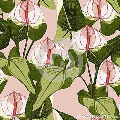 Summer colorful hawaiian seamless pattern with tropical plants and Spathiphyllum flowers. Vector Illustration