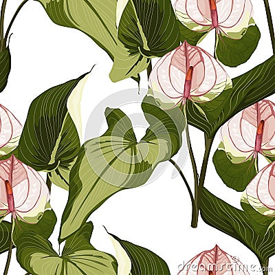 Summer colorful hawaiian seamless pattern with tropical plants and Spathiphyllum flowers. Stock Photo