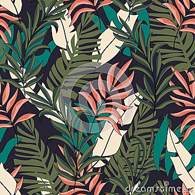 Summer colorful hawaiian seamless pattern with tropical plants. Colorful stylish floral.Trendy summer Hawaii print. Vector Illustration