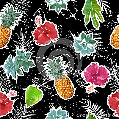 Summer colorful seamless pattern with tropical plants and hibiscus flowers Vector Illustration