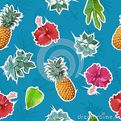 Summer colorful seamless pattern with tropical plants and hibiscus flowers Vector Illustration