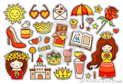 Summer colorful stickers. Set of badges, patches, pins. Vector Illustration