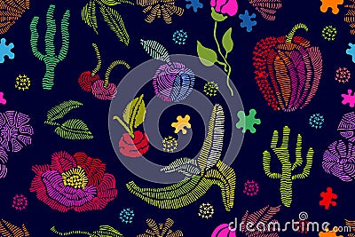 Summer colors. Floral seamless vector pattern with embroidered fruits, wildflowe Vector Illustration