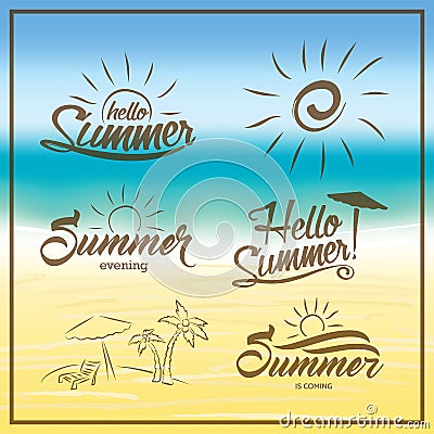 Summer is coming text on blurred summer beach background. Vector Illustration