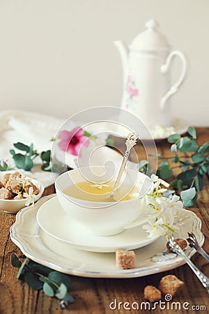 Summer composition: Romantic tea drinking with jasmine green tea Stock Photo