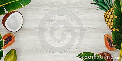 Summer composition. Tropical palm leaves, pineapple, coconut on wooden background. Summer concept. Flat lay, top view Cartoon Illustration