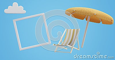 Summer concept. Frame deckchair umbrella cloud. Stock Photo