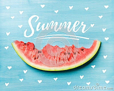 Summer concept illustration. Slice of watermelon on turquoise blue background, top view. Cartoon Illustration