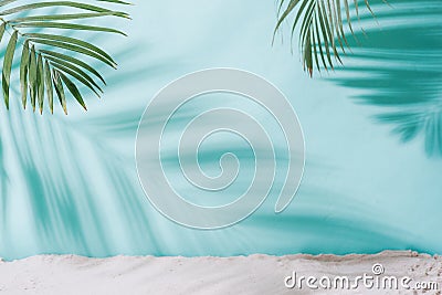 Summer concept. Palm tree shadow on a blue background. Stock Photo