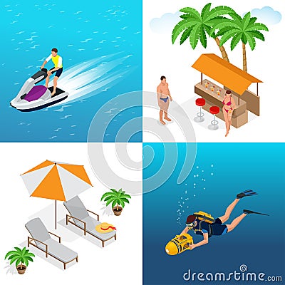 Summer concept of sandy beach. Idyllic travel background. Flat 3d vector isometric illustration. Vector Illustration