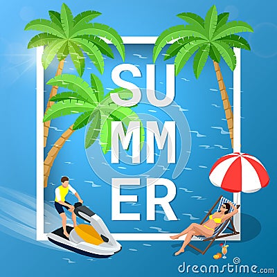 Summer concept of sandy beach. Idyllic travel background. Flat 3d vector isometric illustration. Vector Illustration