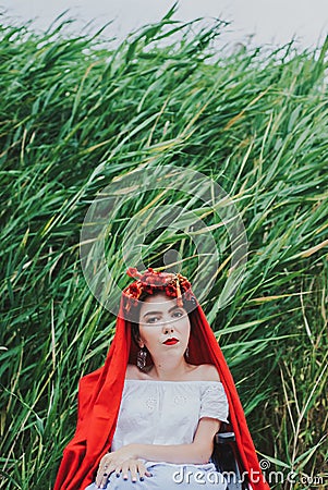 Summer conceptual portrait of beautiful young caucasian woman with red lips, red flowers in hair, sitting in wheel chair. frame wi Stock Photo