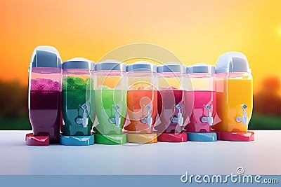 summer cool slush or smoothie iced fruit juice dispenser machine for refreshing chilled drinks in multi colored containers , Stock Photo