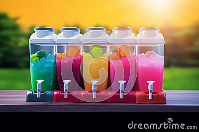 summer cool slush or smoothie iced fruit juice dispenser machine for refreshing chilled drinks in multi colored containers , Stock Photo