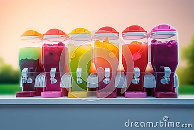 summer cool slush or smoothie iced fruit juice dispenser machine for refreshing chilled drinks in multi colored containers , Stock Photo