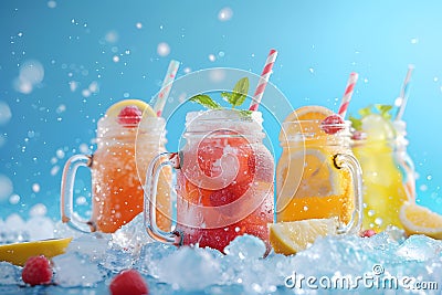 Summer cool slush or smoothie iced fruit juice glass jars for refreshing healthy chilled drinks Stock Photo