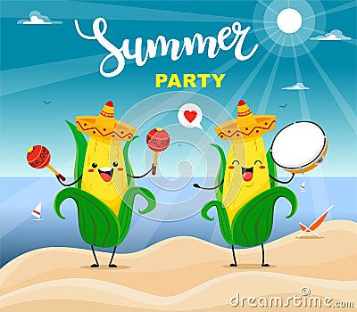 Summer poster party design corn with maracas and tambourine characters. Vector summer illustration Vector Illustration