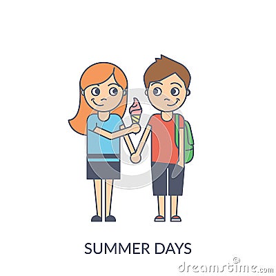 Summer couple. Cartoon flat vector illustration of young girl an Vector Illustration