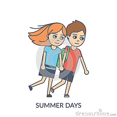 Summer couple. Cartoon flat vector illustration of young girl and boy walking in windy weather Vector Illustration