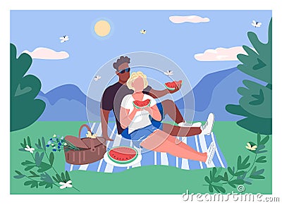 Summer couple picnic flat color vector illustration Vector Illustration