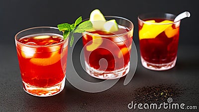 Summer creative night cool fruit tea, ice cubes, summer release, dark background Generative AI Stock Photo