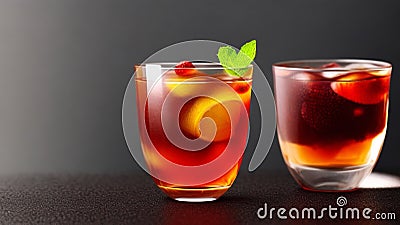 Summer creative night cool fruit tea, ice cubes, summer release, dark background Generative AI Stock Photo