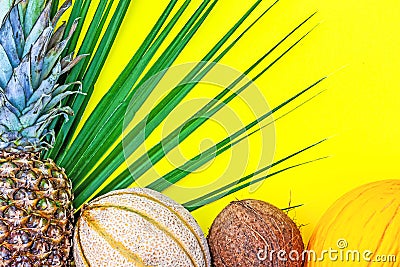 Summer creative tropic fuit layout. Pineapple, melon, lemon, orange, coconut and palm leaf on yellow background. Stock Photo