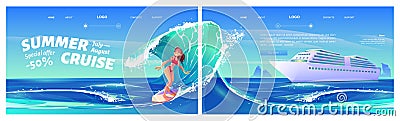 Summer cruise cartoon landing with surfing girl Vector Illustration