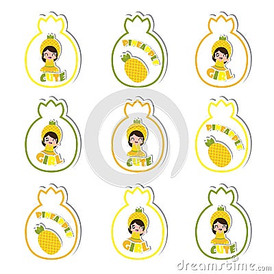 Summer cupcake topper with cute pineapple girls and pineapple fuit cartoon for summer kid party Vector Illustration