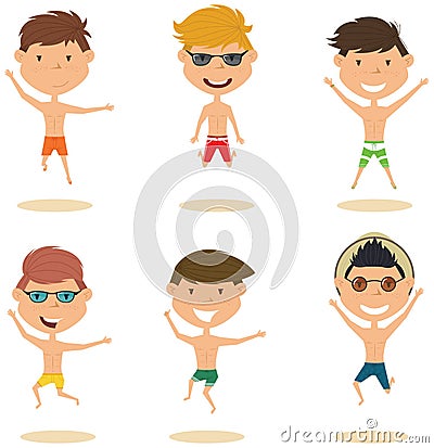 Summer cute male characters jumping on the beach vector illustration. Vector Illustration