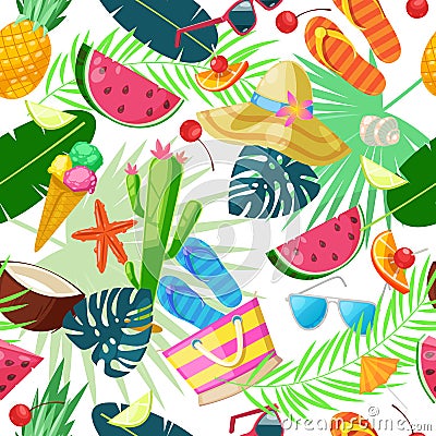 Summer cute seamless pattern. Vector cartoon illustration. Summertime travel, tourism and vacation background. Vector Illustration