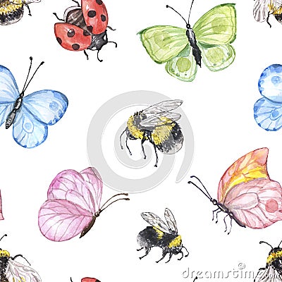 Summer cute watercolor seamless pattern with bugs and insects - flying bumblebee, butterfly, ladybug, isolated on white background Cartoon Illustration