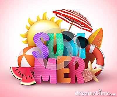 Summer 3d text vector banner design with colorful title and realistic tropical beach elements Vector Illustration