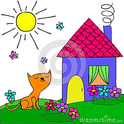 The summer day, house, kitten, butterflies, flowers, sun Vector Illustration