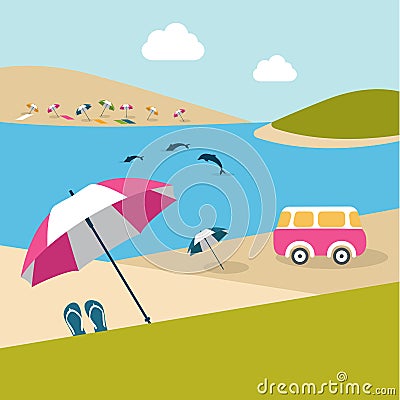 Summer day on the island beach. Pink umbrella and van. Stock Photo