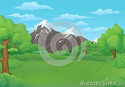 Summer day meadows with lush green trees and bushes. Snowy mountains in the background. Vector Illustration