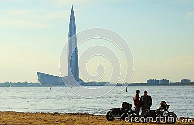 Summer day and meeting friends on the banks of the Neva River Editorial Stock Photo