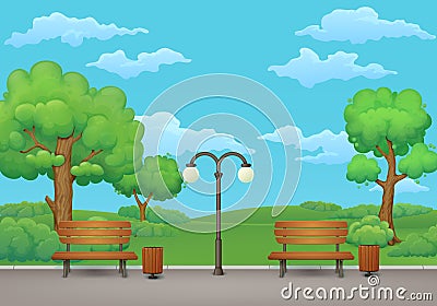 Summer day in the park. Benches, trash cans and street lamp. Vector Illustration