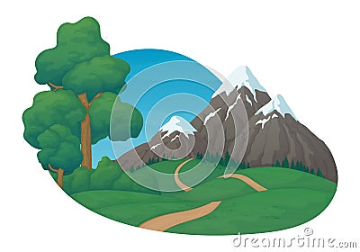 Summer day rural scene. Green meadows and hills, dirt road, pine trees and bushes. Snow covered mountains, spruce forest. Vector Illustration