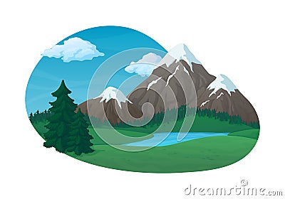 Summer day rural scene. Green meadows and hills with fir trees and a lake. Vector Illustration