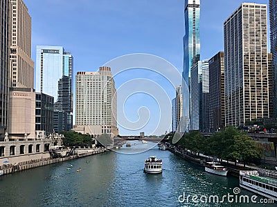 Summer day tourist boats and kayaks on Chicago River, Chicago, Illinois Editorial Stock Photo