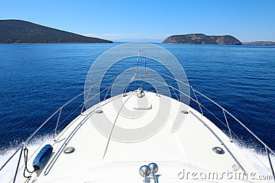 Summer day traveling by the yacht near Spetsopoula and Spetses islands, Saronic Gulf, Greece. Stock Photo