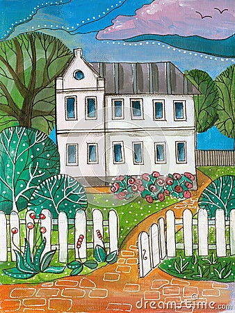Summer day in village. Colorful acrylic drawing of white two story house Stock Photo